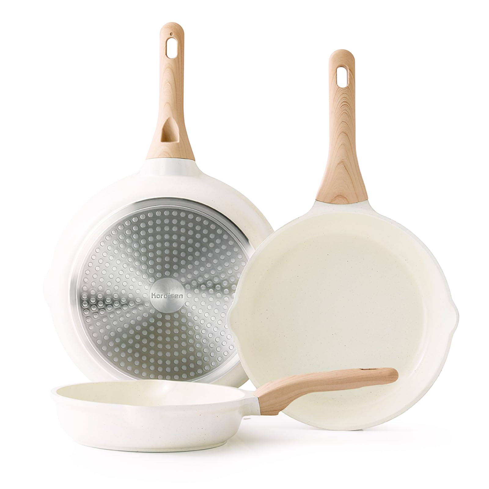 Kordisen Nonstick Ceramic Frying Pan Set, 3 Piece Ceramic Skillet Set, Healthy Non Toxic Cooking Pan, Stay-Cool Handle, Induction Compatible, PFOA & PFAS Free, White(9.5, 11, 12.5 Inch) Image
