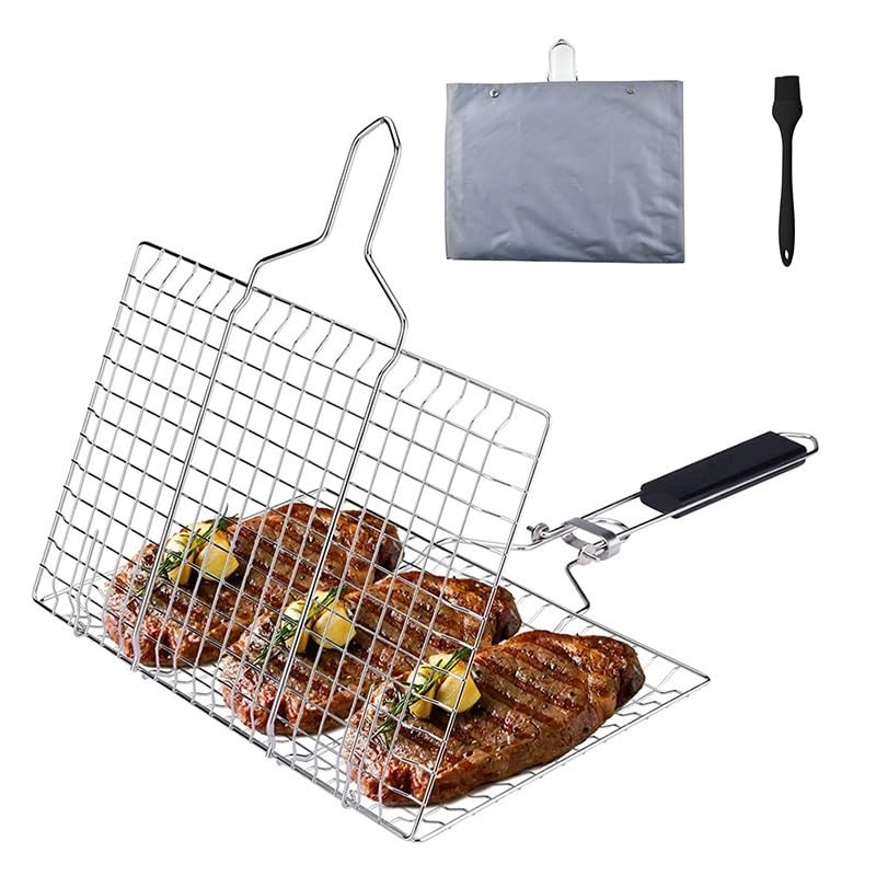 Fish Grilling Basket, Stainless Steel BBQ Grill Basket, Folding Portable Grill Basket with Removable Handle for Grilling Fishes, Vegetables, Shrimp with Basting Brush and Storage Bag