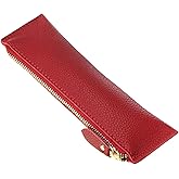 BTSKY Genuine Leather Pencil Case - Zippered Pen Case Stationery Bag Zipper Pouch Pencil Holder (Red)