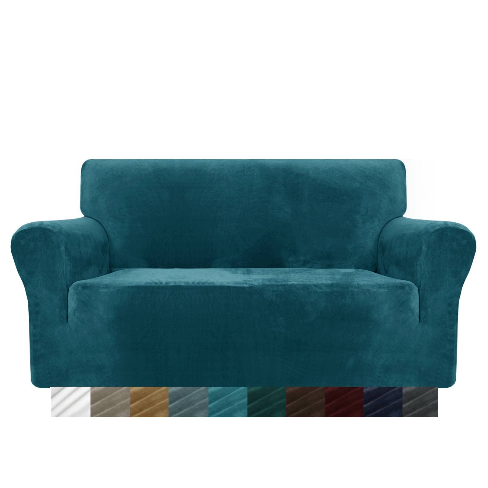 MAXIJIN Thick Velvet Sofa Covers 2 Seater Super Stretch Non Slip Loveseat Covers for Living Room Dogs Cat Pet Plush Love Seat Couch Slipcovers Elastic Furniture Protector (2 Seater, Blackish Green)