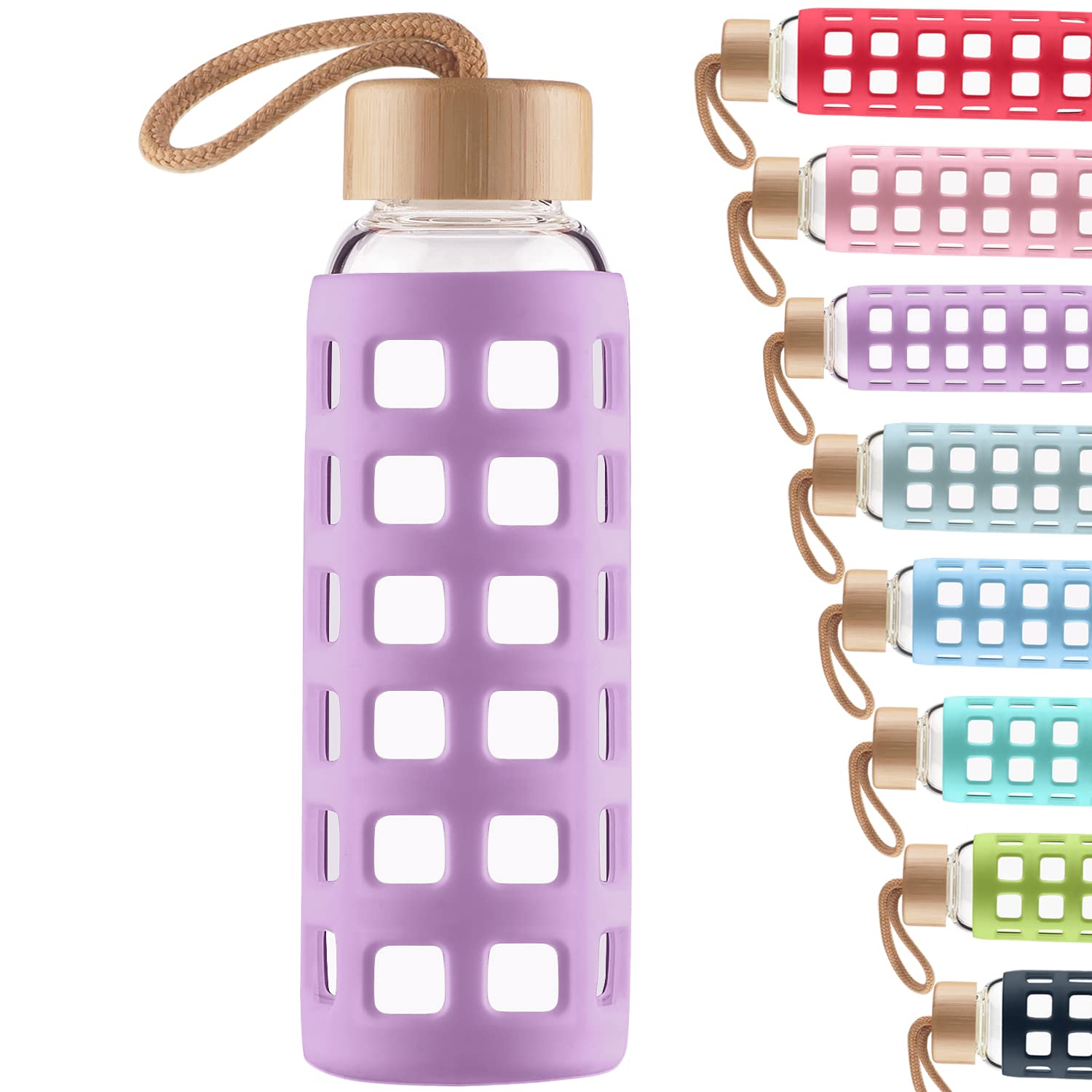 Cleesmil Sports Glass Water Bottle with Silicone Sleeve with Bamboo Lid BPA Free 360 ml (Violet) — image 1