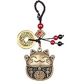 Mansiyuyee Brass Maneki Neko Lucky Cat Keychain with Feng Shui Coins, Maneki Neko Statue Good Luck Charms Lucky Tassel