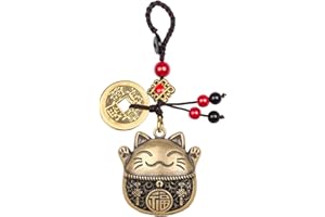 Mansiyuyee Brass Maneki Neko Lucky Cat Keychain with Feng Shui Coins, Maneki Neko Statue Good Luck Charms Lucky Tassel