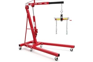GARVEE 2 Ton Folding Hydraulic Engine Hoist with Load Leveler 4400 LBS Capacity Heavy Duty Cherry Picker 6 Swivel Wheels&Hydraulic Pump Adjustable Boom (0.5T-2T) for Garage Workshop Warehouse Red