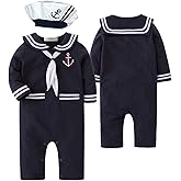 stylesilove.com Baby Boy Marine Sailor Cotton Romper Onesie with Hat and Necktie 3pcs Holiday Outfit