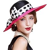 Women Wide Brim Rose Black Patchwork Kentucky Hat for Wedding Party Hat Big Bowknot Polka Dots Fedora Hats