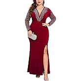 ZOMVA Plus Size Sparkly Deep V-Neck Formal Maxi Dress Sexy Rhinestone Long Sleeve Dress with Slit Party Cocktail Evening Gown