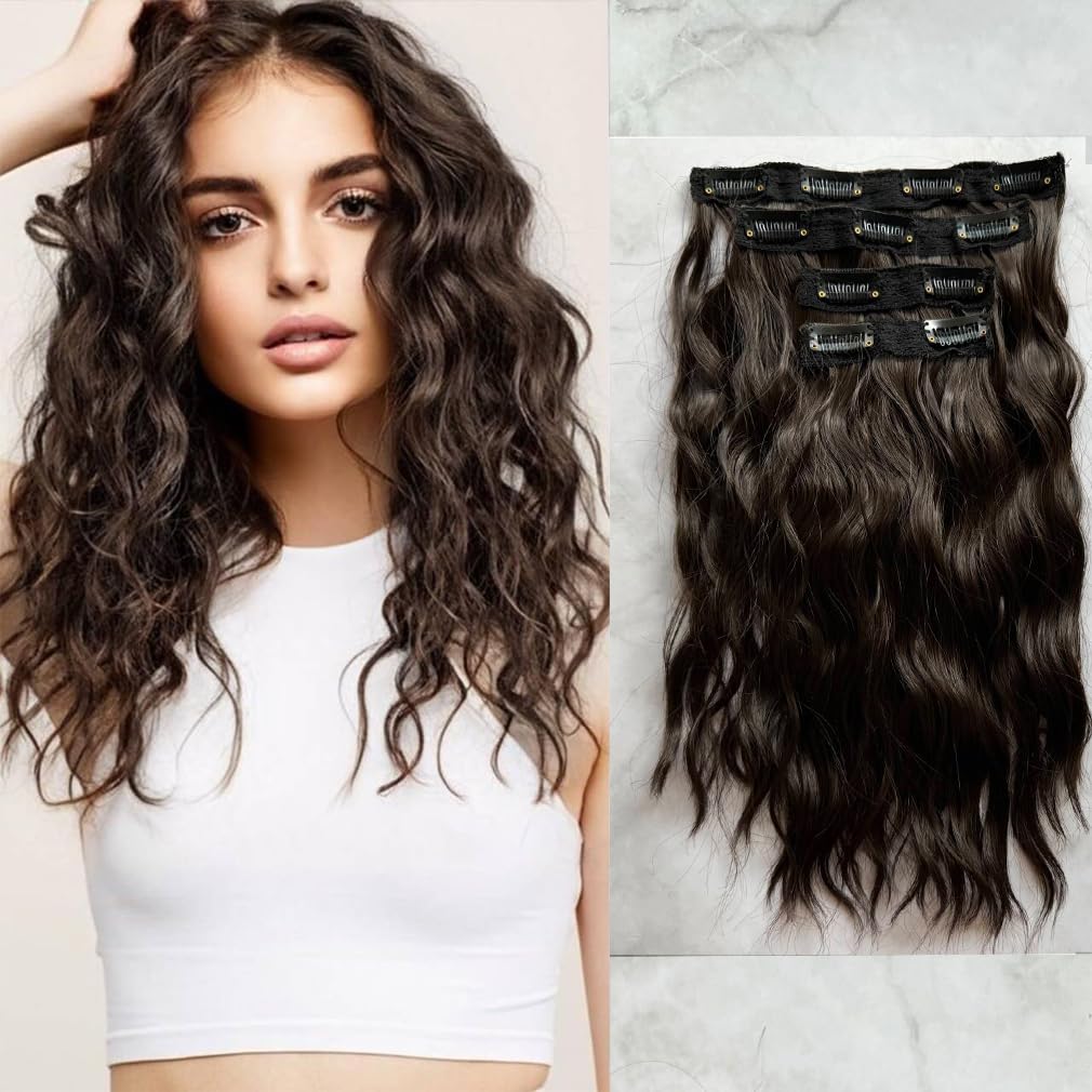 Photo 1 of 4PCS Clip in Hair Extensions 12" Short Curly Wavy Hair Extensions Invisible Lace Weft Natural Soft Hairpieces for Women Chocolate Brown Color