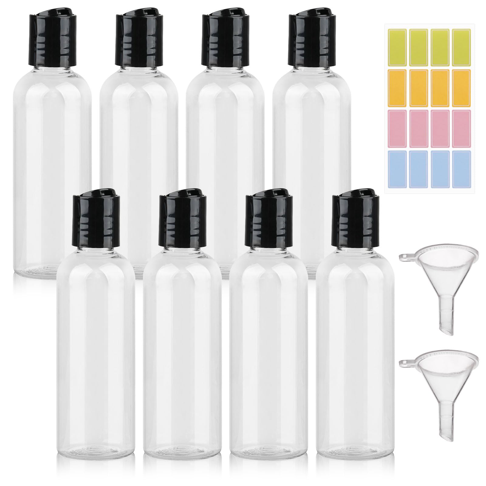 Ailvor 8pcs 100ml Travel Bottles,Resuseable Empty Refillable Plastic Bottles,Clear Container Travel with 2 Funnels and Colorful Labels for Shampoo Lotions Cosmetics