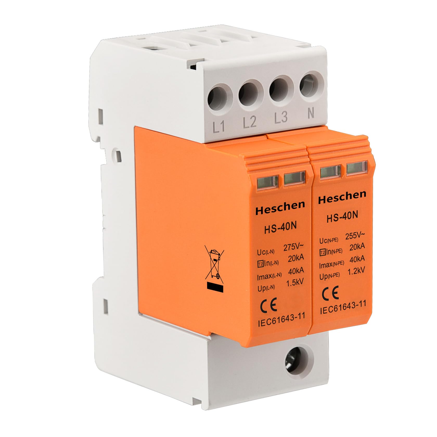 Heschen Surge Protective Device SPD, HS-40N, 275VAC 20KA, Fire-Proof, Low-Voltage Arrester, 35mm DIN Rail Mounting (3+NPE)