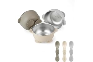 PandaEar 3 Pack Stainless Steel Suction Baby Bowls & 3 Baby Feeding Spoons | Non-Slip Stay Put Bowls & Soft Silicone First Stage Spoons for Toddlers, BPA-Free Baby Led Weaning Set (Linen Brown Grey)