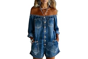 TACSTRUN Women's Off Shoulder Denim Romper Sexy Button Down Jean Short Jumpsuit with Pockets