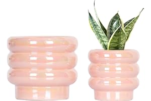 YFFSRJDJ 5.7 Inch +4.1 inch 2 pcs Ceramic Plant Pots for Indoor Plants, Rainbow Pearl Glaze Planter with Planters for Plants with Drainage Hole, Orchid Pots, Succulent Pot, Flower Pot (Pink)