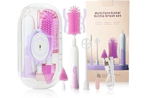 QCBF Electric Bottle Brush Set with Silicone Pacifier/Straw Brush and Mixing Head, Water Bottle Cleaner with Drying Rack, 2 Modes & 360 Rotation (Purple)