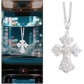 FALVFUN Bling Cross Car Rear View Mirror Hanging Ornament, Crystal Rhinestones Religious Vehicle Rearview Mirror Pendant Charm, Auto Interior Decoration Accessories, Universal Fit (White)