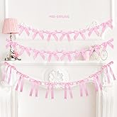 3Pcs Pre-Strung Pink Bow Garlands Banner,Ribbon Bow Garland Pink Banner Bow Party Decorations for Birthday Bachelorette, Bridal Showers, Satin Bow Decorations for Party Wedding Engagement