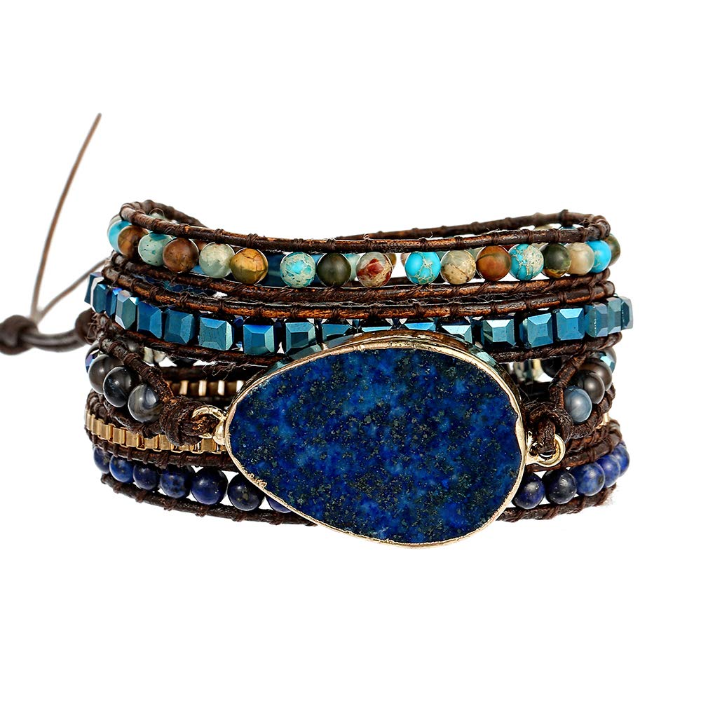 Photo 1 of Plumiss Boho Bracelets Handmade Lapis Lazuli Stone Beaded Leather 5 Wrap Bracelet for Women Men Gift