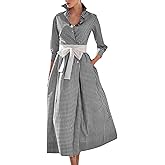 chouyatou Women's Retro Plaid Button Up Maxi Shirt Dress 3/4 Sleeve Gingham Pocketed Long Dress with Belt