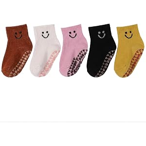 Nanmuir Boys Girls Non-Slip Grip Socks with Smiley Face, Toddler Solid Color Anti Skid Funny Ankle Socks