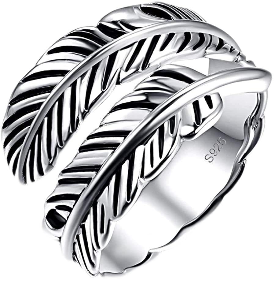 BONLAVIE 925 Sterling Silver Feather Ring Adjustable Turquoise / Black Onyx / Labradorite Thumb Ring Silver 925 Vintage Open Rings Jewellery for Women / Men, Eine Größe, Sterling Silver, /