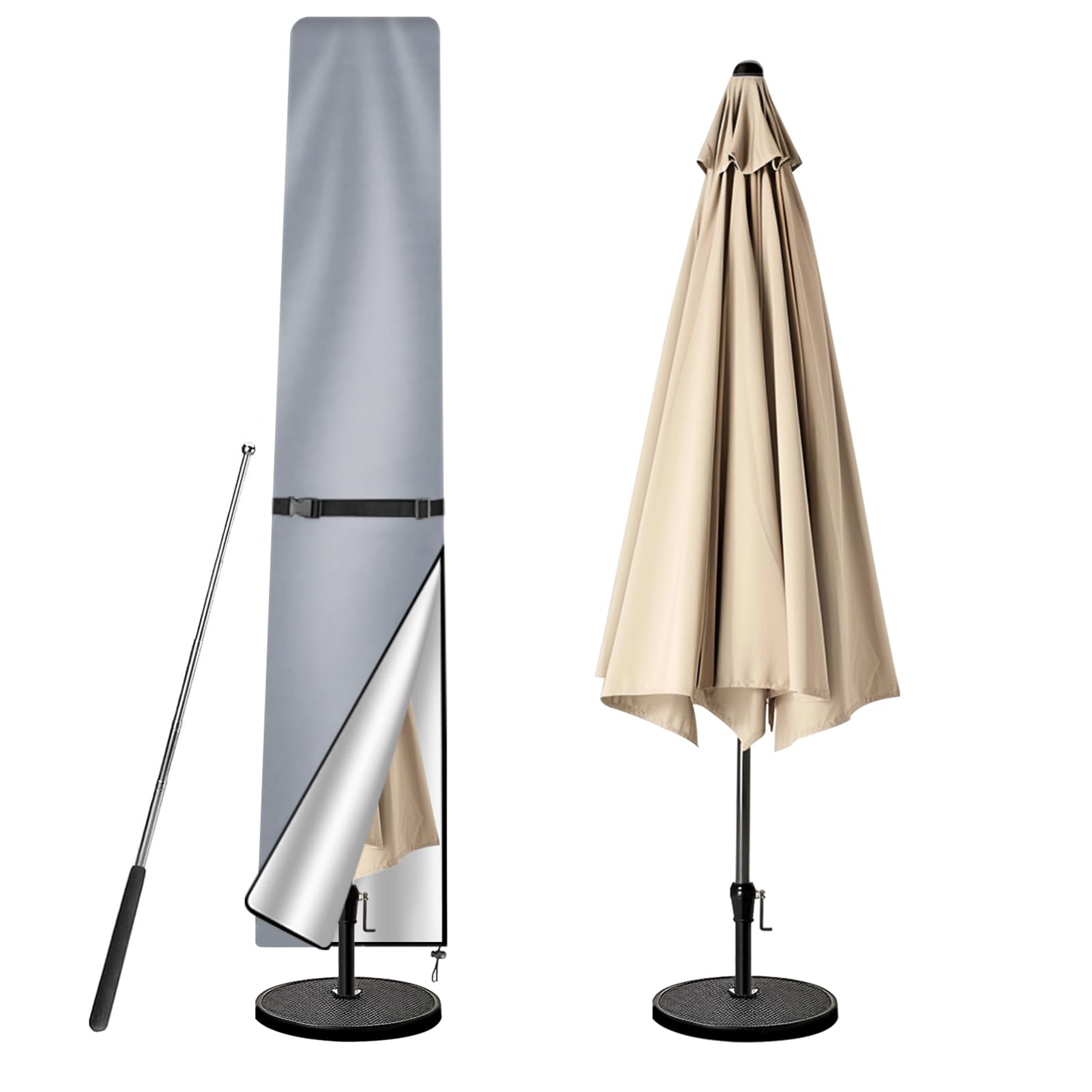 wiipara Parasol Cover with Rod, Parasol Protective Cover fit for Waterproof UV-Block Windproof Large Umbrella Cover with Zip and Storage Bag for Garden Outdoor (Grey, 190x30(top) x50(bottom) cm)