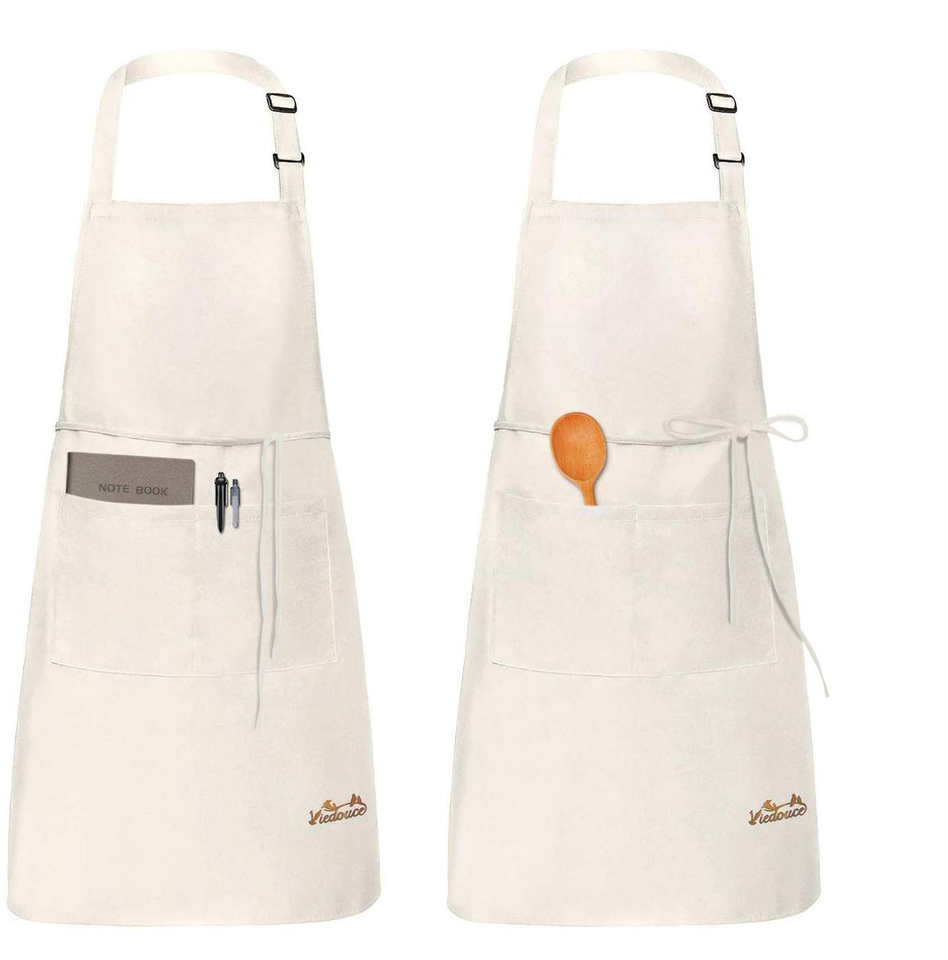 Viedouce Gembiule 2 Pieces Chef Apron, Restaurant Apron for BBQ Bar Chef Cooking, Adjustable Aprons with Pockets for Cooking, Waterproof, Gembiule for Men and Women (Beige)