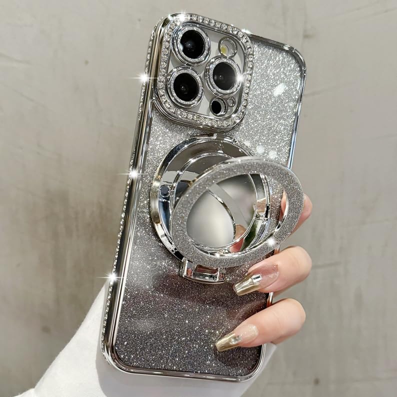 Mirror Kickstand Glitter Diamond Case for iPhone 15 14 13 12 Pro Max ,Magnetic Stand Holder ,Camera Lens Protector Compatible with Magsafe, Rhinesetone Bing Cover Case (silve,For iPhone 15 Pro Max)