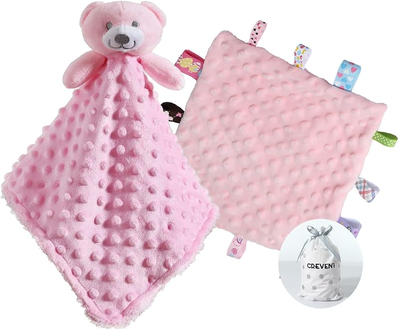 CREVENT Soft Plush Animal Face Security Blanket Pink Bear with Tag