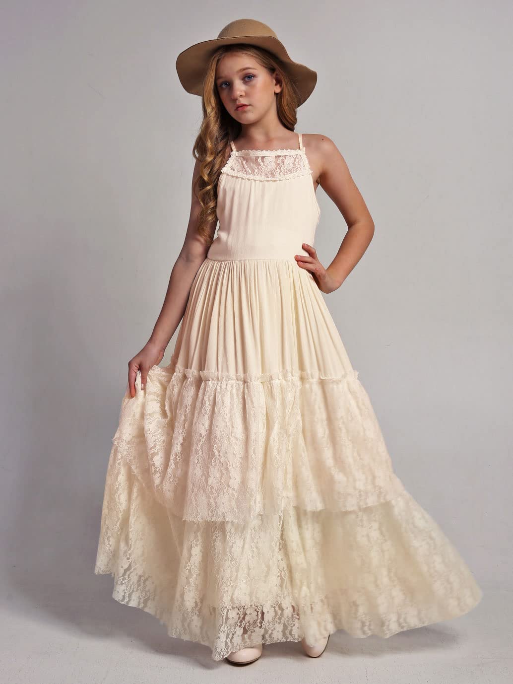 BIBIHOU Girls Kids Lace Back Full-Length Backless Tulle Party Holiday Formal Flower Girl Dress