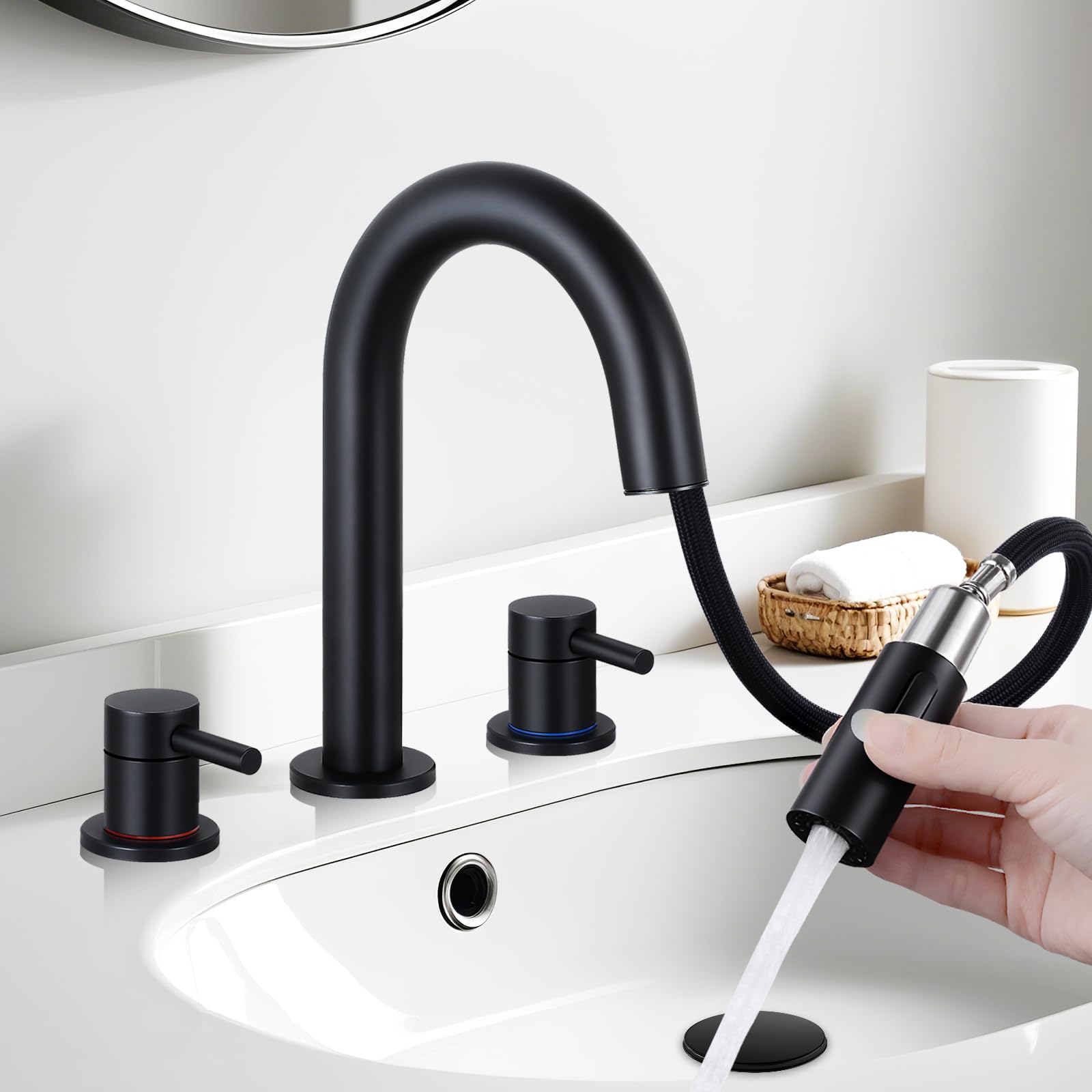 KZH Matte Black Bathroom Faucet 3 Hole with Pull Out Sprayer, 8 inch ...