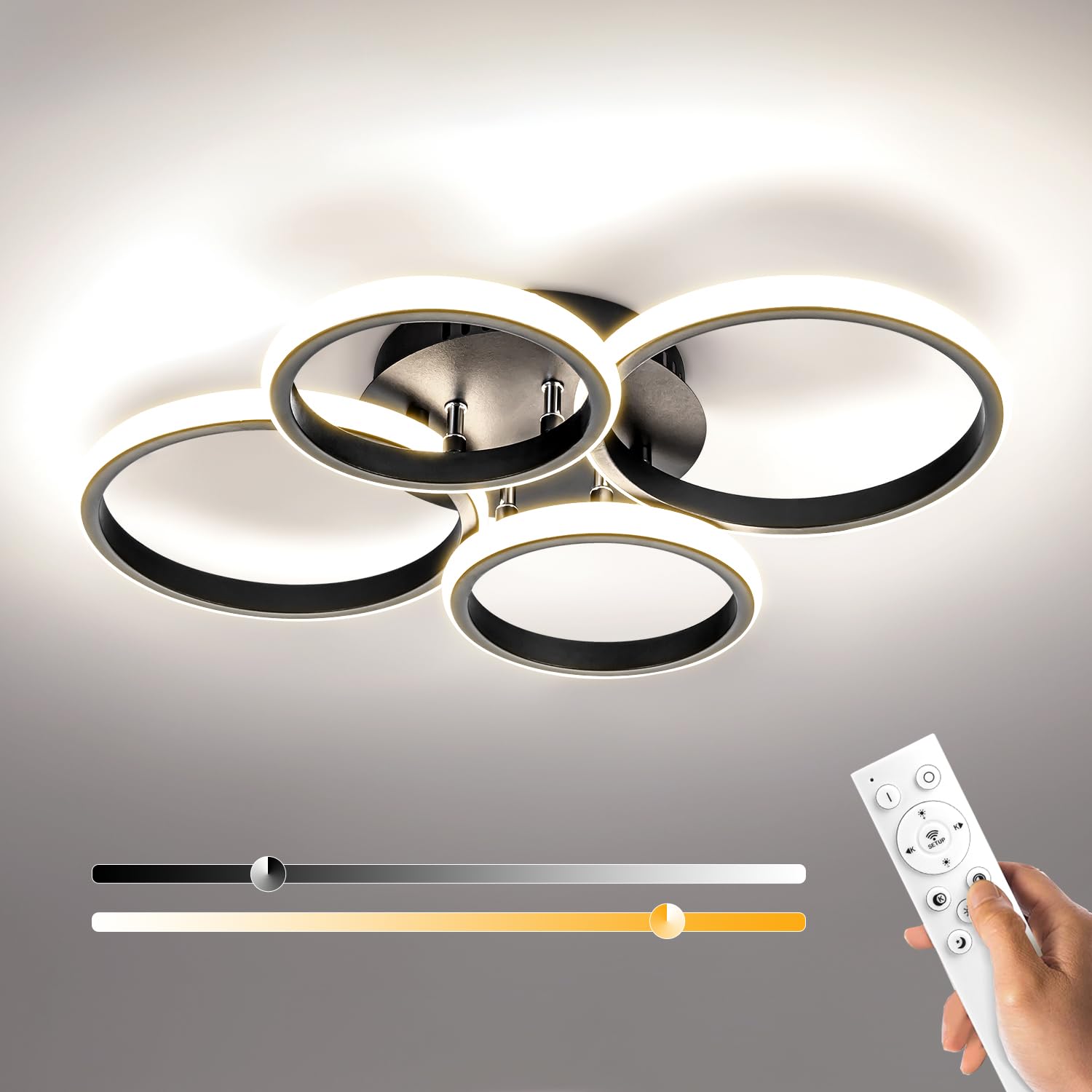 Photo 1 of 4 Ring Modern LED Ceiling Light Fixture with Remote Control, 3000K-6500K 3-Color Black Dimming Circle Modern Ceiling Light for Bedroom Kitchen Living Room