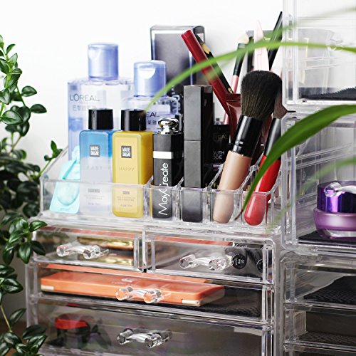 Unique Home New Design Bottom Layer Increase Fits Most Conceal Acrylic Makeup Organizer and Cosmetic Make Up Organizer Countertop Storage Box Brush Holder Clear Jewelry Organizer Bathroom Vanity Tray