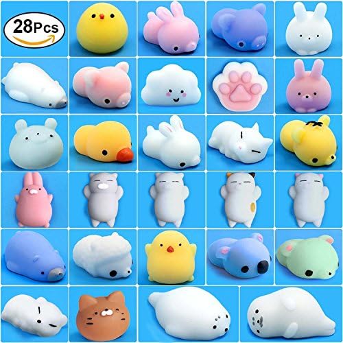 Mochi Squishy Toys, 28 Pcs Kawaii Squishies Mini Animals Stress Toys, Cute Squishy Toys Stress Reliever, Mini Seal Bear Cat Pig Smile Cloud Squishies Searick