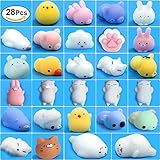 Mochi Squishy Toys, 28 Pcs Kawaii Squishies Mini Animals Stress Toys, Cute Squishy Toys Stress Reliever, Mini Seal Bear Cat Pig Smile Cloud Squishies Searick