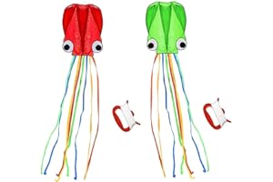 SINGARE Large Octopus Kites, Long Tail Beautiful Easy Flyer Beach Kites, Good Kite for Kids and Adults Easy to Fly(Red+Green)