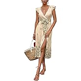 MakeMeChic Women's Spring Summer Vacation Dress Floral V Neck Ruffle Sleeve Midi Sundress Tie Bow Boho Dresses