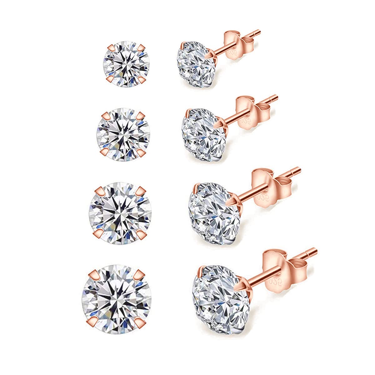 Shuxin Silver Stud Earrings for Women, 4 Pairs 925 Sterling Silver Rose Gold Cubic Zirconia Stud Earrings Set, Hypoallergenic Small Sleeper Cartilage Studs, with 5A Cubic Zirconia, Size: 3, 4, 5, 6mm