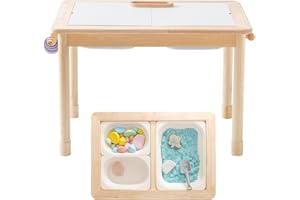 IEATFO Rubber Wood Montessori Sensory Table - 3 Foldable Storage Bins, Reinforced Frame, Height Adjustable Children's Table - Multifunctional Kids Activity Table Promotes Sensory Experiences & Growth