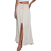 Yaiohog Women's Boho Elastic Tie Waist Button Down Maxi Skirt - Casual Loose Flowy Swing Slit Front Long Skirt