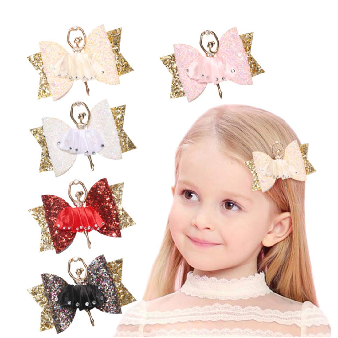 5-PCS Glitter Bow Hair Clips Ballet Girl Hair Bow Sequin Shining Hairpins Hair Accessories for Kids for Christmas