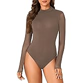 LYANER Women's Basic Mock Neck Stretch Sheer Mesh Long Sleeve Bodysuit Leotard Top Brown Medium