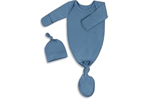 MIKCCER Baby Newborn Knotted Gown 0-6 Months, Super Soft Infant Long Sleeve Sleepwear for Girl and Boy, Baby Coming Home Hospital Outfit with Hat Set Blue