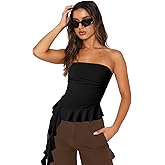 Women Strapless Tops Ruffled Asymmetrical Hem Tube Tops Ruched Bandeau Cami Tanks