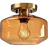JEENKAE Mid Century Modern Ceiling Light Amber Glass Vintage Mount Light Fixture Small Pumpkin Glass Ceiling Light for Kitche