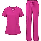 floralhue Scrubs for Women, V-Neck Scrubs Top & Cargo Pants with 12 Pockets, Yoga Waistband, 4 Way Stretch