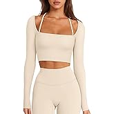 LASLULU Womens Sexy Square Neck Crop Top Ribbed Seamless Long Sleeve Workout Tops Halter Neck Athletic Yoga