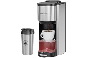 AIRMSEN Single Serve Coffee Maker with Grinder, Grind and Brew All in One - 6-16 Oz Single Cup Coffee Machine with 19 oz Travel Mug - Adjustable Drip Tray, Overheat Protection