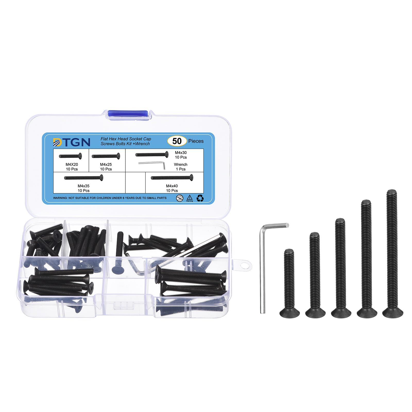 DTGN 50Pcs M4 x 20mm /25mm /30mm /35mm /40mm Flat Head Hex Socket Cap Screws Bolts Kit with Wrench, Carbon Steel Black Oxide, Full Thread, Countersunk Bolts