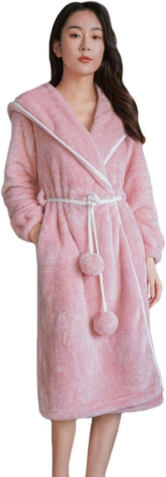 Amazon フランネル ネグリジェ バスローブ フード付き 可愛い もこもこ 暖かい パジャマ レディース ポケット付き ゆったり 大きい 軽量 もこもこ 秋冬 着心地良い お風呂上り 勉強 昼休み 学生 ピンク バスローブ 通販
