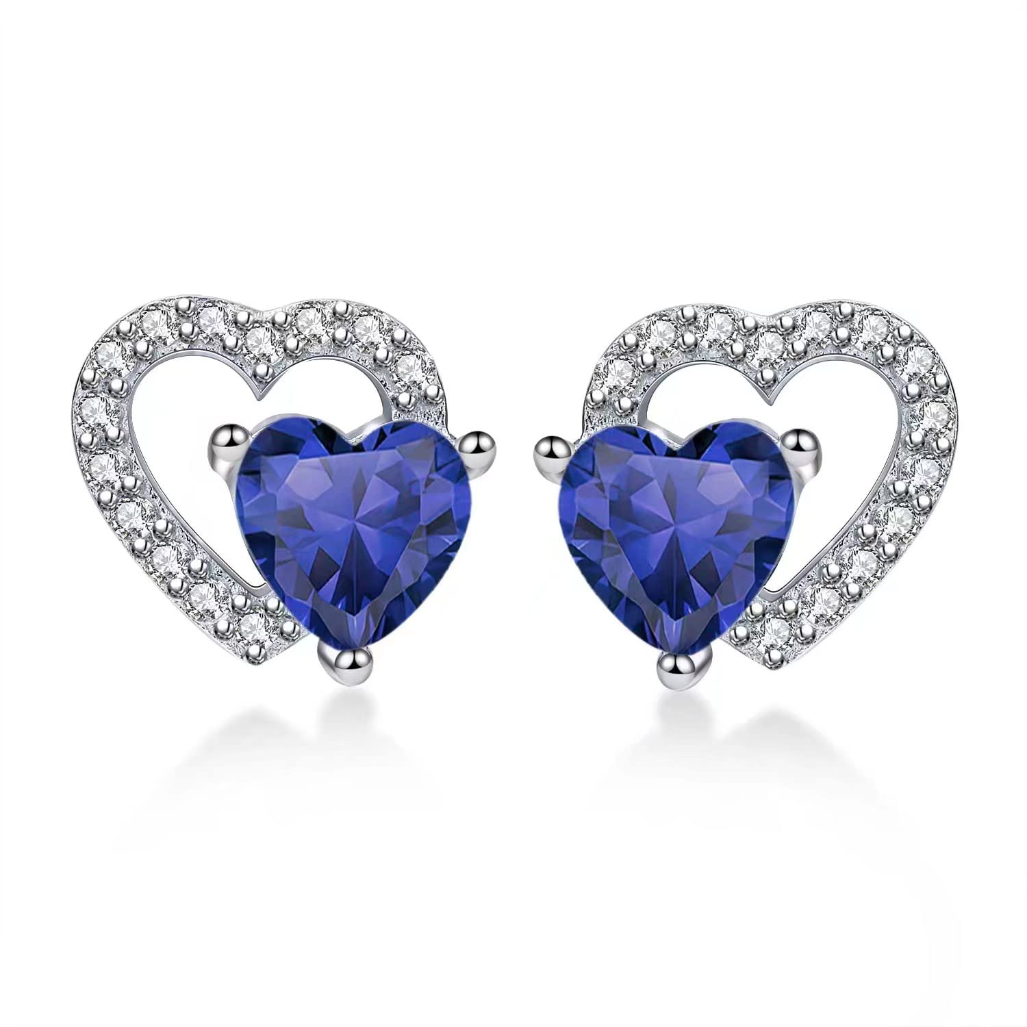 Qings September Birthstone Sapphire Stud Earrings Sterling Silver Dainty Forever Double Heart Hollow Blue CZ Gemstone Cubic Zirconia Jewelry Gifts for Girls Wife